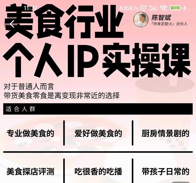 美食行业个人IP实操课,对于普通人而言,带货美食零食是离变现非常近的选择网创吧-网创项目资源站-副业项目-创业项目-搞钱项目网创吧