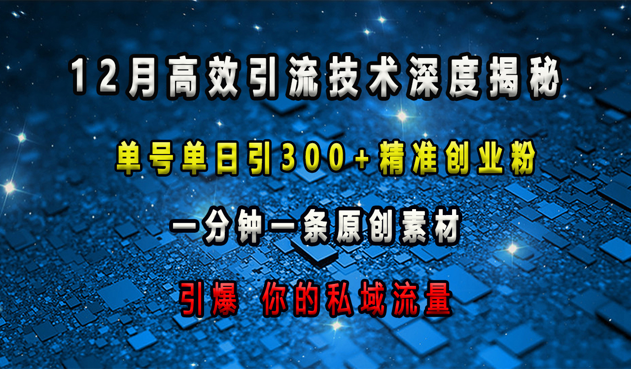 12月高效引流技术深度揭秘 ,单号单日引300+精准创业粉,一分钟一条原创素材,引爆你的私域流量网创吧-网创项目资源站-副业项目-创业项目-搞钱项目网创吧